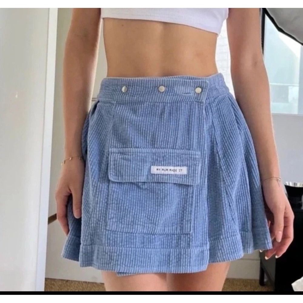 My Mum Made It light blue pleated wale‎ cord three snap wrap mini skirt XS-Small